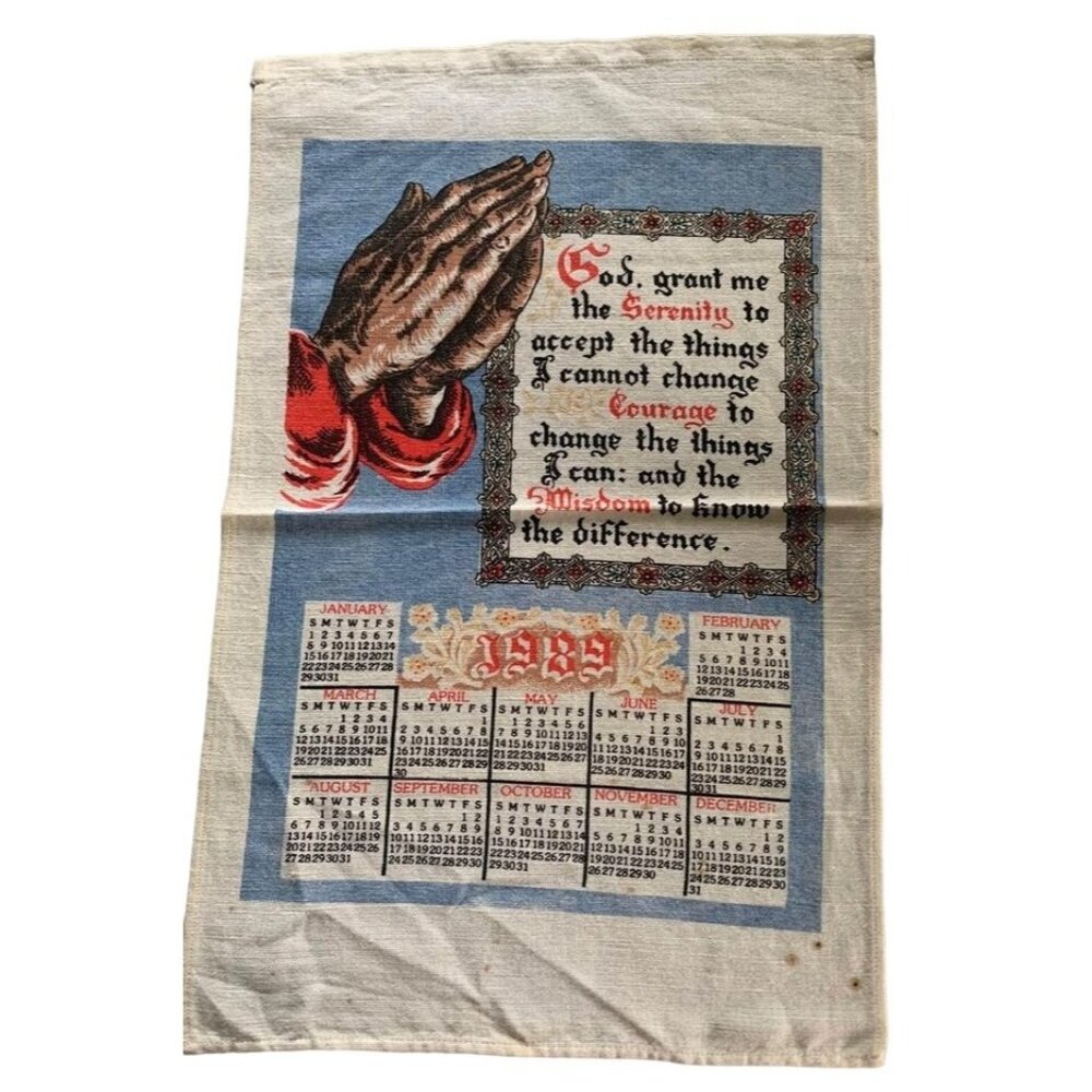 Vintage 1989 Serenity Prayer Calendar Linen Towel - Praying Hands - 14x22